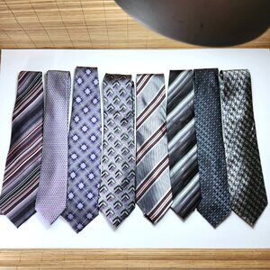 Lot of Seven Neckties Mens Greys Blacks Purples Pinks Various Designs and Makers